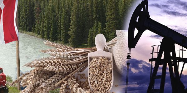 Collage d’images d’un chantier de construction, d’un chemin de fer, du drapeau canadien, d’un champ de blé et d’une plateforme pétrolière