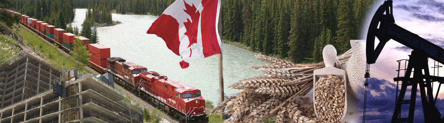 Collage d’images d’un chantier de construction, d’un chemin de fer, du drapeau canadien, d’un champ de blé et d’une plateforme pétrolière